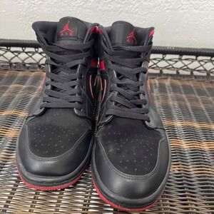 Nike Air Jordan 1 Mid Top Sneakers Black Red Athletic Shoes Mens
